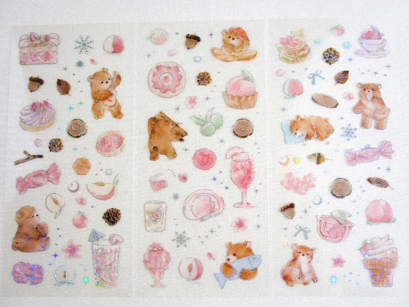 Cute Kawaii BGM Iridescent Set of 3 Sticker Sheets - Bear - for Journal Planner Craft Organizer Calendar